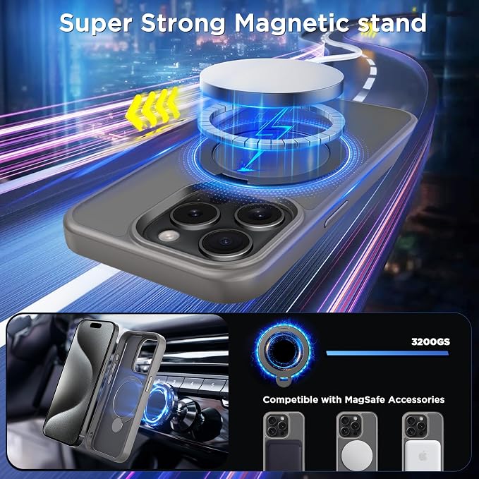 CACOE Magnetic Case for iPhone 15 Pro 6.1 inch with 360° Rotatable Ring Stand,Compatible with MagSafe Car Phone Mount,Cover Phone Holder for Desk Meeting