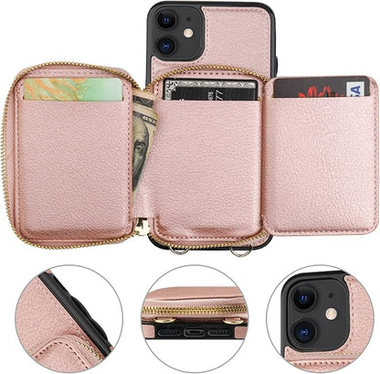 Bocasal RFID Blocking Wallet Case for iPhone 11, Adjustable Crossbody Zipper Purse Case Card Holder with Kickstand Detachable Wrist Strap, PU Leather Flip Folio Case 6.1 Inch (Rose Gold)
