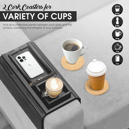 Couch Cup Holder Tray with 2 Cork Coasters, Couch Caddy, Anti-Slip Foldable Armrest Sofa Tray, Couch Armrest Table, Anti-Spill Holder for Remote, Snacks, Cellphone - Ideal Gift (Black)