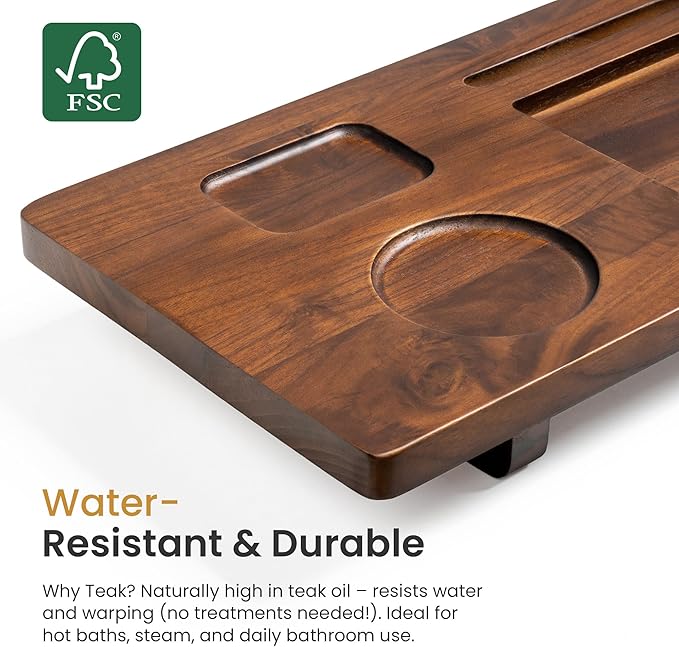 Luxury Teak Bathtub Tray for Freestanding Bath - 39" Large, Thick & Adjustable Spa Caddy | Anti-Tip Design with Accessories Holder | Water-Resistant