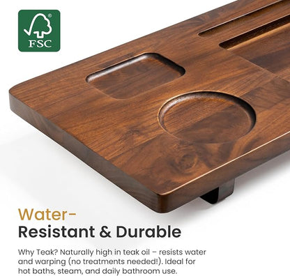 Luxury Teak Bathtub Caddy Tray - 35" Expandable Bath Bridge for Freestanding & Standard Tubs - Water-Resistant Solid Wood Spa Organizer with Wine Glass, Phone Holder & Non-Slip Grips