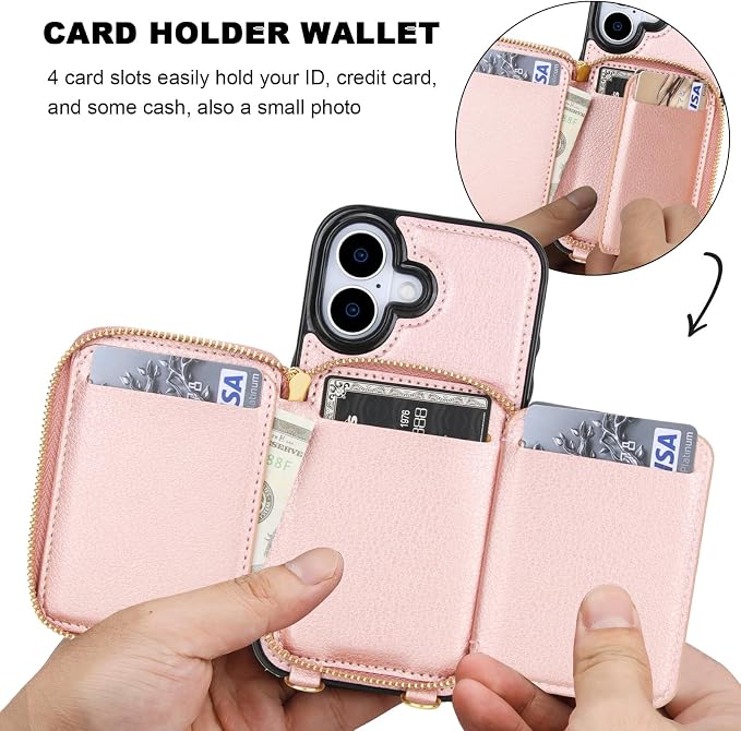 Bocasal RFID Blocking Wallet Case for iPhone 17, Adjustable Crossbody Zipper Purse Case Card Holder with Kickstand Detachable Wrist Strap, PU Leather Flip Folio Case 6.3 Inch 5G (Rose Gold)