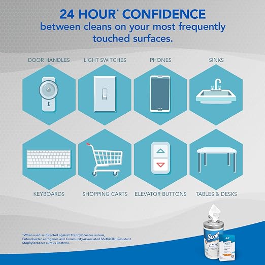 Scott 24 Hour Sanitizing Wipes – Multi-Surface Cleaning & Disinfecting, Continuous Sanitization for 24 Hours – (41526), 50 Packs x 10, 500 Wipes