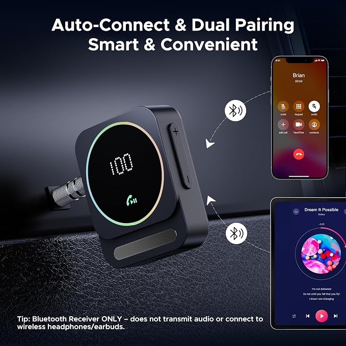 Acer Gadget Bluetooth Receiver for Car/Home/Wired Headphones, 3.5mm AUX, Drive & Listen Wirelessly, 16H Battery, Noise Cancellation, Auto Connect & Dual Pairing - Black