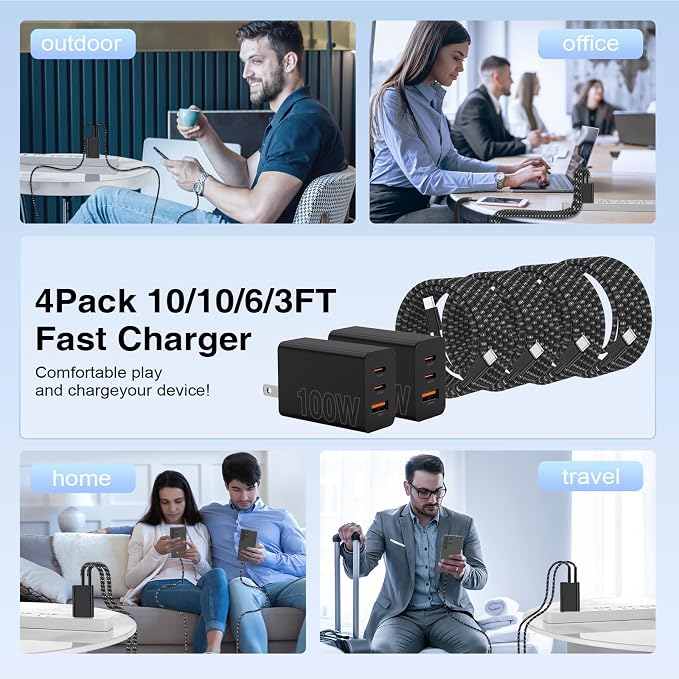 65W Super Fast Charger Type C for Samsung,3 Port 100W PD Quick Charging 3.0 USB C Charger Block & 3/6/10/10FT Braided Type C Cord for Samsung Galaxy S26 Ultra/S26/S25 Ultra/S24/Android/iPhone 17