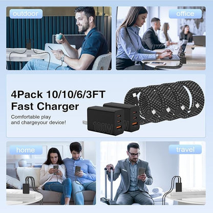 65W Super Fast Charger Type C for Samsung,3 Port 100W PD Quick Charging 3.0 USB C Charger Block & 3/6/10/10FT Braided Type C Cord for Samsung Galaxy S26 Ultra/S26/S25 Ultra/S24/Android/iPhone 17