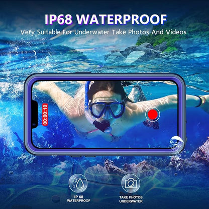 Temdan Compatible with iPhone 14 Case Waterproof, Built-in Screen & Camera Protector IP68 Underwater Full Body 14FT Military Dropproof Shockproof Phone Case 6.1"-Purple/Clear