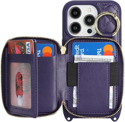 Crossbody Wallet Case for iPhone 14 Pro, PU Leather Zipper Handbag Purse Flip Cover, Kickstand Folio Case with Card Slots Holder Wrist Strap Lanyard 5G 6.1 Inch-Purple