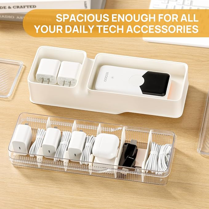 Cord Organizer Storage, Charger Organizer Box with Adjustable Dividers, Dustproof Plastic Case for Cables & Adapters, Includes Cable Ties and Labels, Wire Organizers for Cords in the Home Office