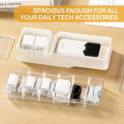 Cord Organizer Storage, Charger Organizer Box with Adjustable Dividers, Dustproof Plastic Case for Cables & Adapters, Includes Cable Ties and Labels, Wire Organizers for Cords in the Home Office