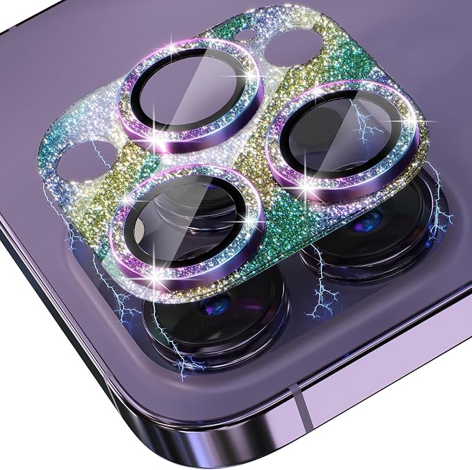Choiche for iPhone 14 Pro/iPhone 14 Pro Max Camera Lens Protector, Bling Camera Cover with 9H Tempered Glass Lens Screen Protector Metal Ring Decoration Accessories (Glitter-Rainbow)