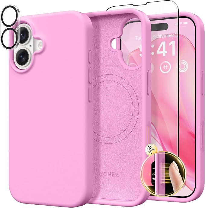 GONEZ Magnetic for iPhone 16 Case, Compatible with MagSafe, [Screen Protector + Camera Lens Protector], Liquid Silicone Shockproof Protective Phone Case for iPhone 16 6.1", Cherry Blossom