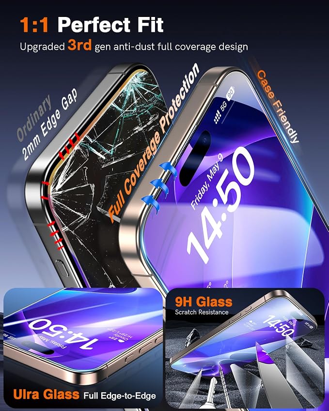 LK 3 Pack for iPhone 15 Pro Max Screen Protector Tempered Glass [One-Pull Install] [Auto-Dusting 0 Bubble] Military Grade Shatterproof, Full Coverage Top 9H Screen Protector for 15 Pro Max, HD Ultra