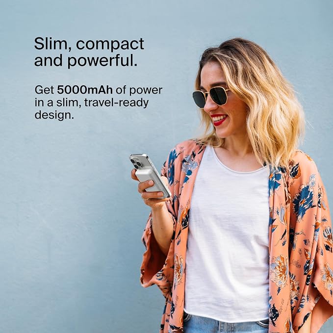 Belkin Portable Charger, Wireless Power Bank 5000 mAh MagSafe Charger 7.5W, Built-in Pop-up Kickstand - iPhone 17, Air, Pro, Pro Max, AirPods, Apple Watch, Google Pixel 10, etc. - White