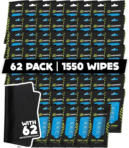 Fortress Electronic Wipes With Microfiber Cloth (25 ct, Pack of 62) To-Go Tech Wipes for Screens, Phones, Keyboards, TV Monitors, Computer Screens, and More [Travel Size] Skin-Safe