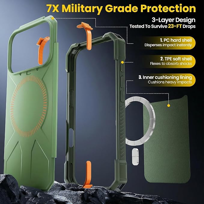 3 in 1 for iPhone 17 Pro Max Case,[1 Screen Protector & 1 Camera Lens Protector ],7X Military-Grade Drop Protection ,Fits MagSafe ,Tough, Rugged & Durable for Heavy Duty iPhone 17 Pro Max Case, Green