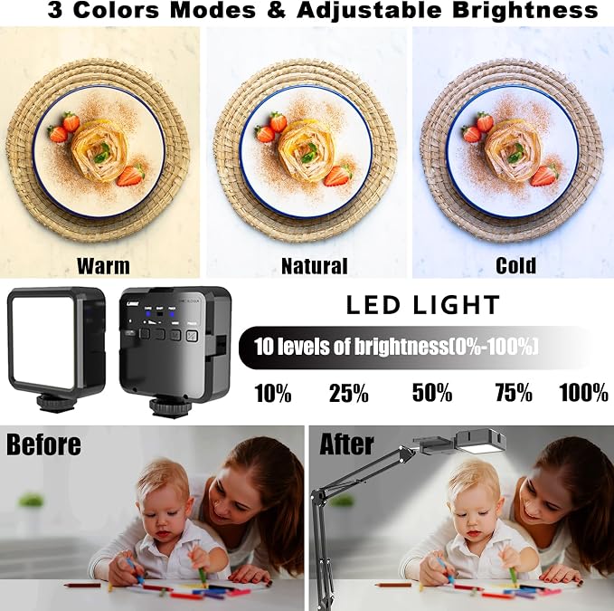 Overhead Phone Mount, Articulating Arm Cell Phone Holder with LED Light, Flexible Phone Stand for Live Streaming, Video Recording, Painting Lighting, Cooking