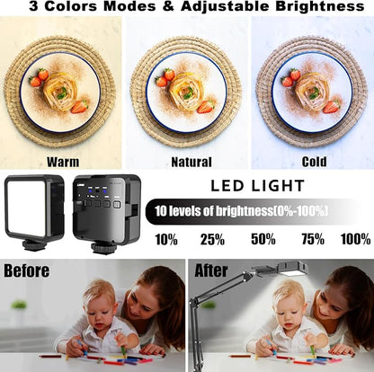 Overhead Phone Mount, Articulating Arm Cell Phone Holder with LED Light, Flexible Phone Stand for Live Streaming, Video Recording, Painting Lighting, Cooking