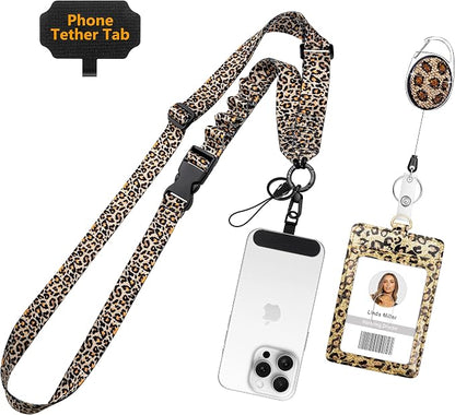 Azrra Adjustable Crossbody Cell Phone Lanyard for iPhone with Phone Tethers & Retractable ID Badge Card Holder (Leopard Print)