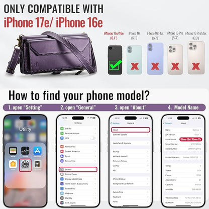 Strapurs Crossbody Wallet Case Compatible with iPhone 17e / iPhone 16e RFID Blocking 7-Card Holder PU Leather Magnetic Snap Shoulder Strap Zipper Pocket Phone Cases for iPhone 17e / 16e - Purple