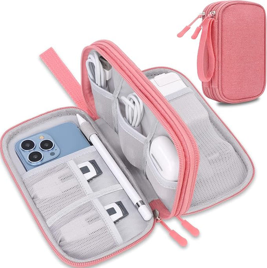 Lacdo Electronic Organizer, Travel Cable Organizer Bag Pouch Tech Electronic Accessories Carry Case Portable Double Layers Charger Case for Cable, Cords, Charger, Phone, Power Bank, Earphone, Pink