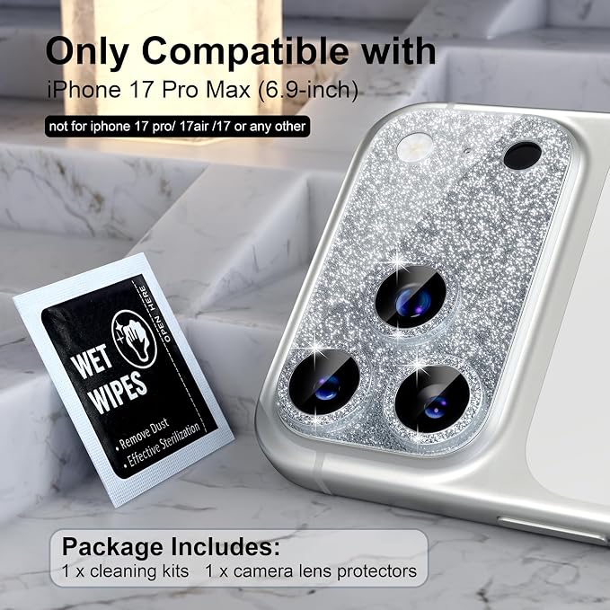 Choiche Compatible for iPhone 17 Pro Max Camera Lens Protector, Bling Camera Cover with 9H Tempered Glass Lens Screen Protector Metal Ring Decoration Accessories 6.9-inch (Glitter-Silver)