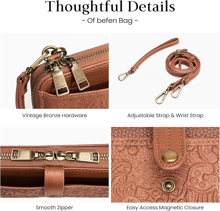 befen Leather Wristlet Wallet for Women Cell Phone Purse with Built in Wallet Vintage Leather Crossdody Bag Clutch Purse