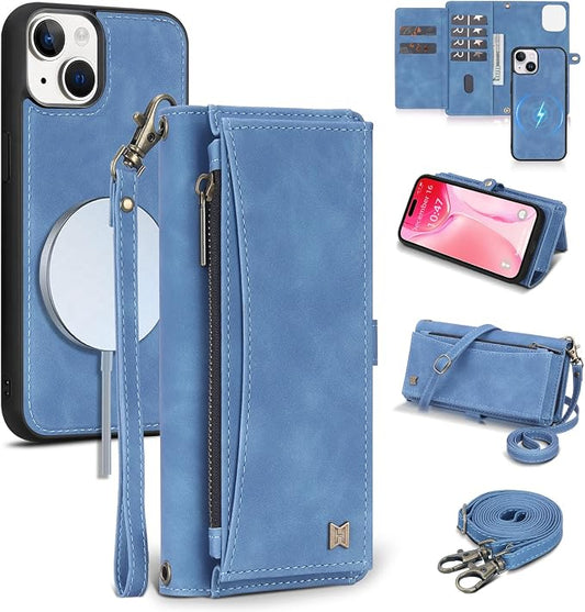 Wallet Case for iPhone 15 Plus with Card Holder/Crossbody Wallet/Strap| RFID Blocking | Magnetic | Kickstand | Detachable | PU Leather Phone Case for iPhone 15 Plus,6.7 in,Sky Blue