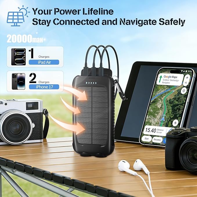 Solar Power Bank 20000mAh, Black Portable Charger with USB-C&USB-A Outputs, Emergency Backup Battery Pack, LED Flashlight, for iPhone Samsung Android – Solar for Emergency Only, Perfect for Camping