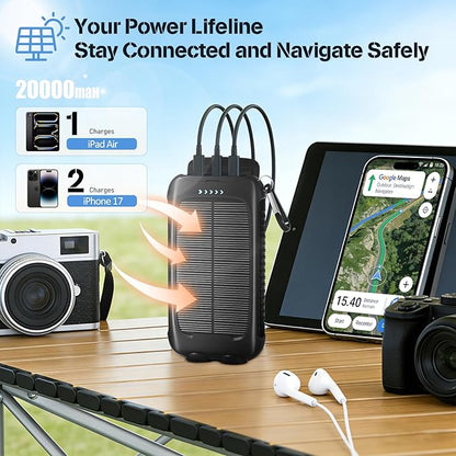 Solar Power Bank 20000mAh, Black Portable Charger with USB-C&USB-A Outputs, Emergency Backup Battery Pack, LED Flashlight, for iPhone Samsung Android – Solar for Emergency Only, Perfect for Camping