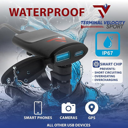 Motorcycle Phone Mount with USB Charger (3.25–7") – Waterproof Cell Phone Holder for Motorcycle, ATV, Snowmobile – 12V Dual USB-C Fast Charging – Includes Mirror Mount & Rain Cover