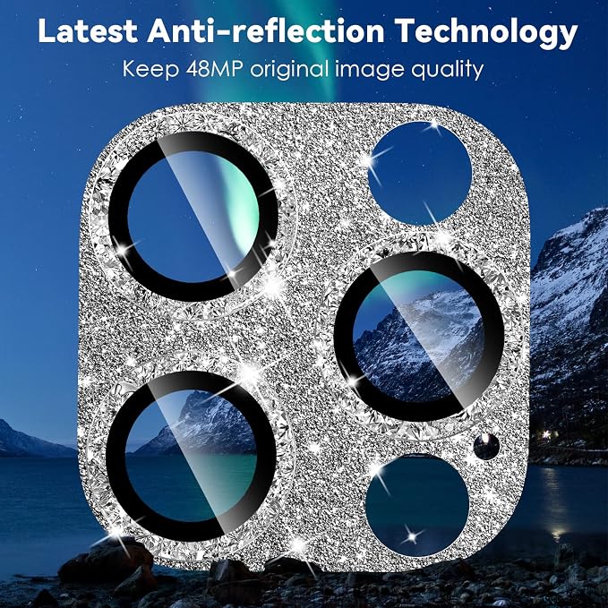 CloudValley for iPhone 14 Pro/iPhone 14 Pro Max Glitter Camera Lens Protector, 9H Tempered Glass [All in 1 Design], Case Friendly Anti-Scatch High Definition, GlitterSilver