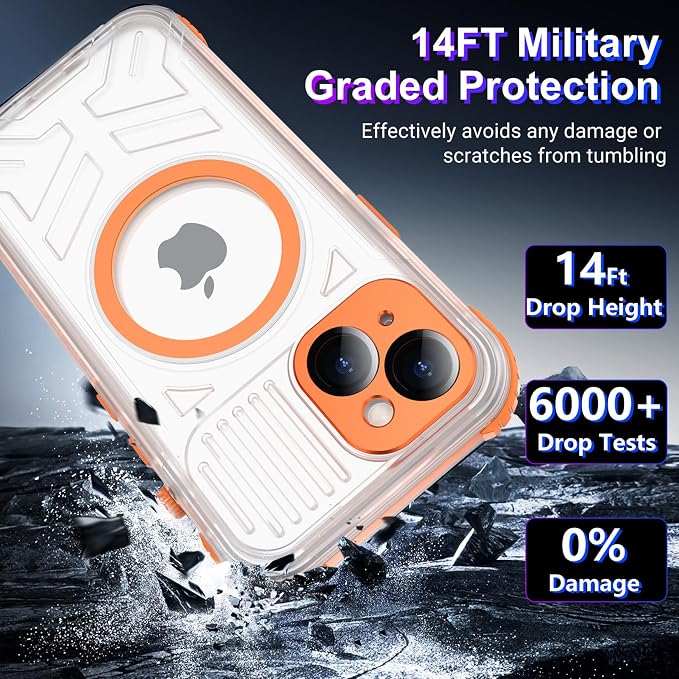 Temdan Magnetic for iPhone 15 Case Waterproof,[Built-in Screen & Camera Protector][Full Body Shockproof][IP68 Underwater][Dustproof] Shockproof Phone Case for iPhone 15 6.1"-Orange