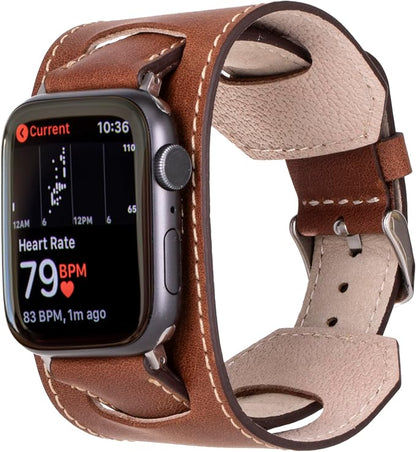 HARDISTON Cuff Watch Band Compatible with Apple 45mm for Men & Women, Handmade Genuine Leather, Compatible with iWatch Series 11 10 9 8 7 6 5 4 3 2 1 SE Ultra, Wrist Bracelet Band, Large/Band-Brown