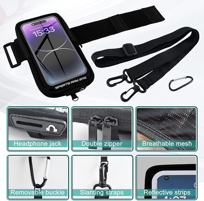 Phone Holder for Running, Running Armband Phone Holder with Carabiner, Phone Armbands for iPhone 17 16 15 14 13 12 11Pro Max & Galaxy S25/S24/S23, Cell Phone Armband Up to 6.8'' Phone (Black)