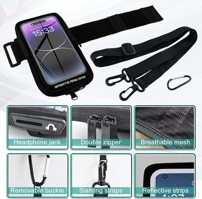 Phone Holder for Running, Running Armband Phone Holder with Carabiner, Phone Armbands for iPhone 17 16 15 14 13 12 11Pro Max & Galaxy S25/S24/S23, Cell Phone Armband Up to 6.8'' Phone (Black)
