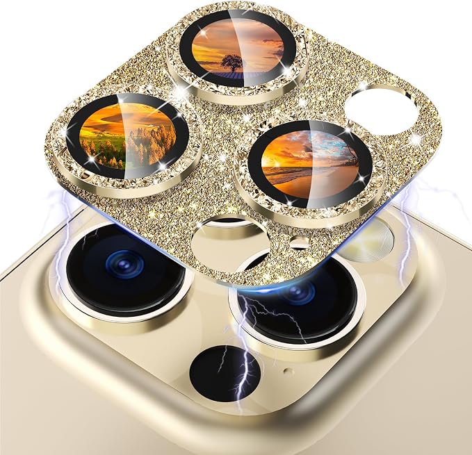 CloudValley for iPhone 14 Pro/iPhone 14 Pro Max Glitter Camera Lens Protector, 9H Tempered Glass [All in 1 Design], Case Friendly Anti-Scatch High Definition, GlitterGold