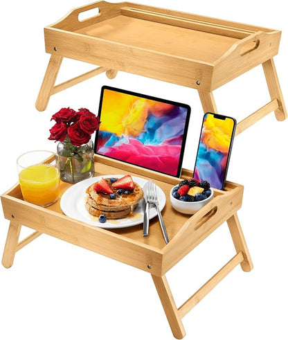 Bed Table Tray with Folding Legs, (2 Pack) Laptop Holder and Handles - Breakfast Tray Bamboo Bed Tray for Eating, Sofa, Bed, Food Trays for Eating on Couch, Snacking and Working