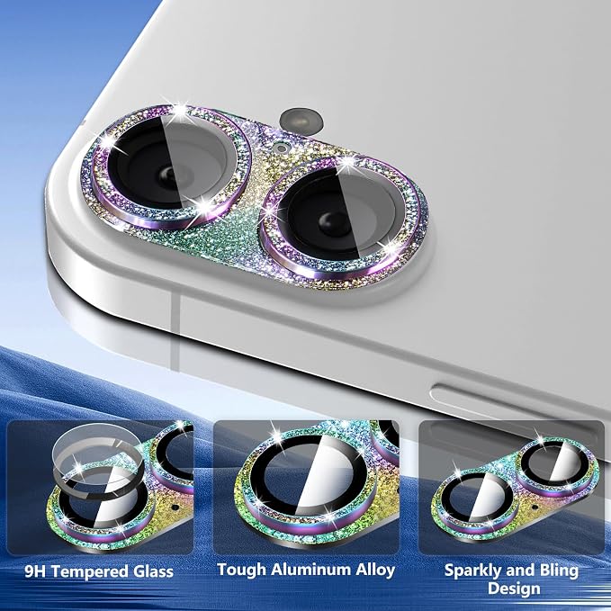 Camera Lens Protector for iPhone 16/iPhone 16 Plus, Bling Glitter Camera Cover with 9H Tempered Glass Metal Ring, Anti-Scratch Camera Protector for iPhone 16/iPhone 16 Plus (Glitter -Colorful)