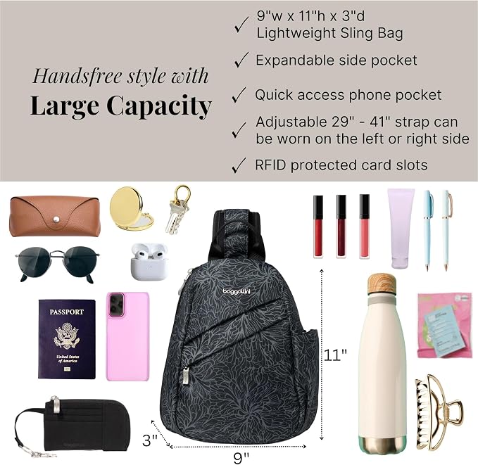 Baggallini Medium Sling Backpack - 9"x11" Lightweight Sling Bag with Convertible Adjustable Shoulder Strap