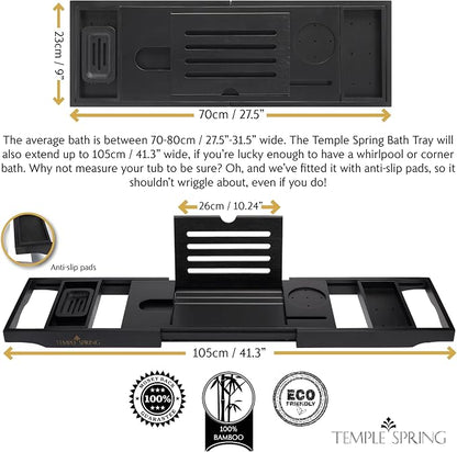 Temple Spring Bamboo Bathtub Tray Caddy for Tub — Expandable Wood Bath Tray with Solid Book Stand Wine Holder and Non-Slip Pads — Includes Bamboo Soap Dish and Spa Accessories — Luxury Bath Gift Set