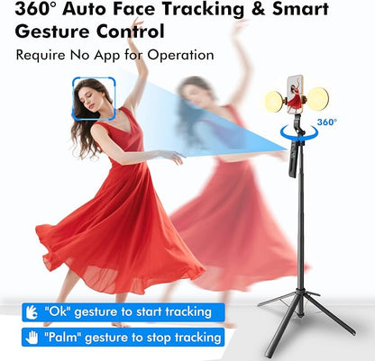 Auto Face Tracking Selfie Stick Tripod with Fill Light, 360 Rotation & Gesture Control, 70.9" Selfie Stick Tripod for iPhone with Remote for for TikTok/Vlog/Live Stream/Video Recording