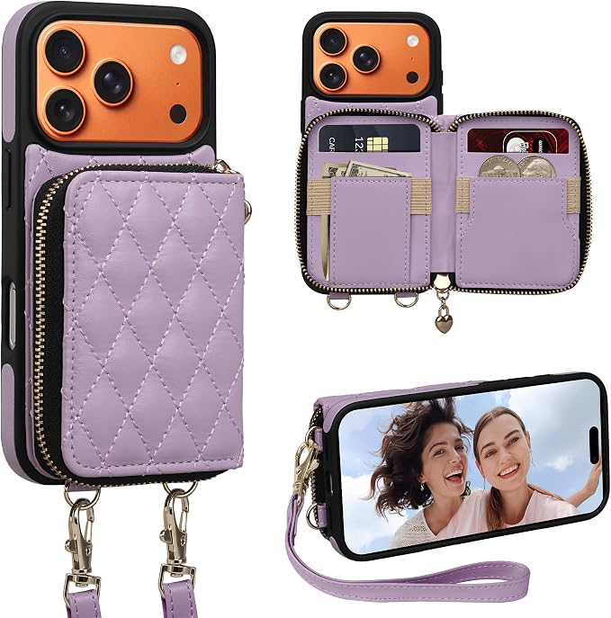 Keallce Case for iPhone 17 Pro 6.3'' Wallet Case, Crossbody Zipper Purse with Wrist Strap Lanyard Handbag, RFID Blocking Card Holders, Kickstand Flip Leather Cover for iPhone 17 Pro, Purple