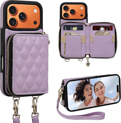 Keallce Case for iPhone 17 Pro 6.3'' Wallet Case, Crossbody Zipper Purse with Wrist Strap Lanyard Handbag, RFID Blocking Card Holders, Kickstand Flip Leather Cover for iPhone 17 Pro, Purple