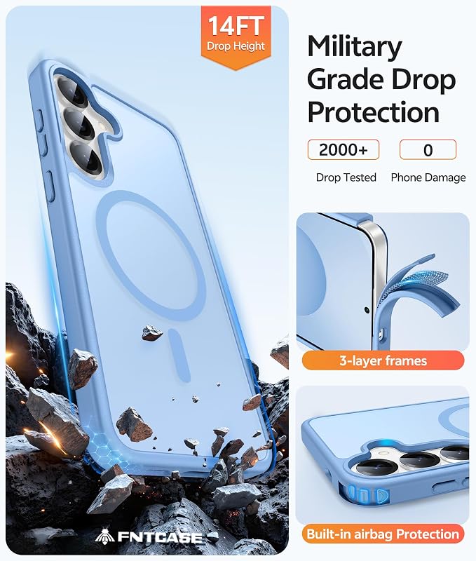 FNTCASE for Samsung Galaxy S25/S24 Plus Case, Fit Magsafe, Screen Protector | Translucent Matte Magnetic Back, 14FT Military Grade Drop Protection, Shockproof Protective Phone Cover, Light Blue