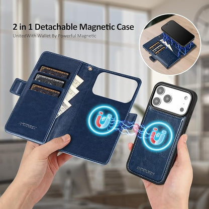 Antsturdy Compatible with Magsafe Magnetic 2 in 1 Detachable iPhone 17 Pro Wallet Case with Credit Card Holder Slots,PU Leather RFID Blocking Phone Cover Wrist Strap Zipper Women Men,Dark Blue
