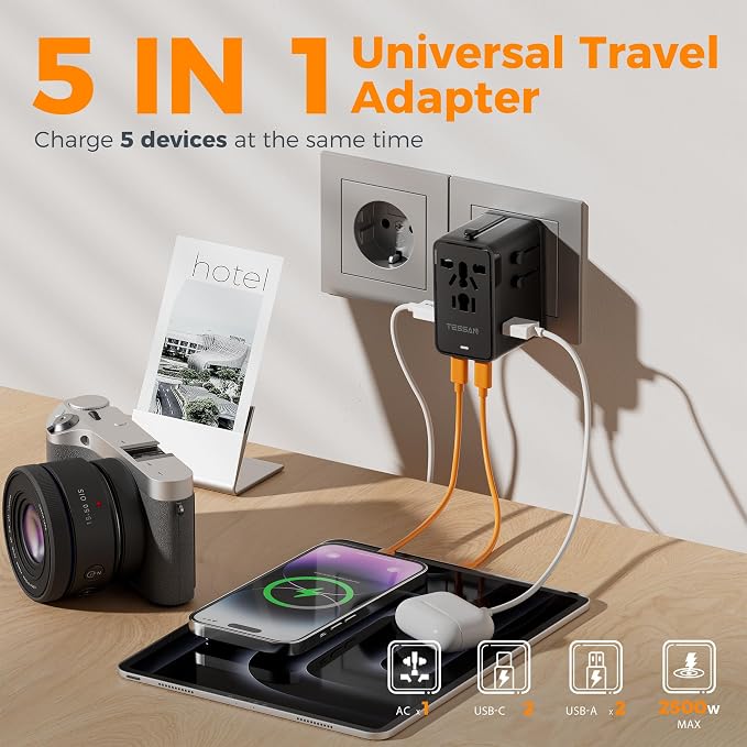 TESSAN Universal Travel Adapter, 65W International Power Adapter | 4 USB Charging Ports (2 USB C), Worldwide Plug Adaptor, US to Europe UK Italy Spain France Ireland Australia, Type C G A I