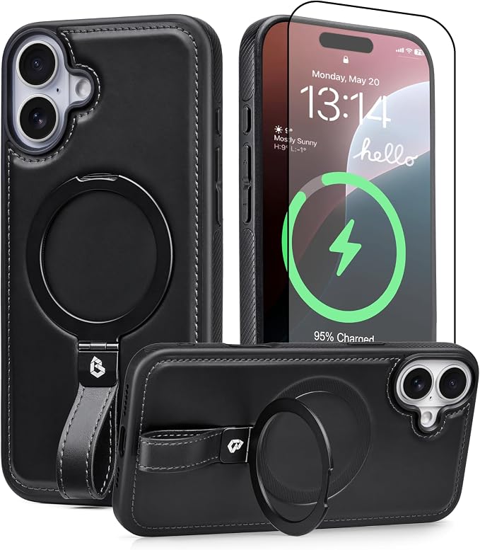 for iPhone 17 Leather Case with Stand, Anti-Slip Grip Ring, Fits for MagSafe (Black, iPhone 17)