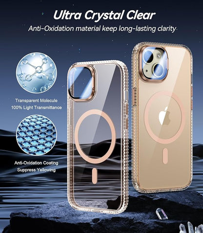 [Upgraded] for iPhone 15 Case with Camera Cover Stand [Fit for MagSafe][9H Camera Lens Protector] Mil-Grade Protection Transparent Magnetic iPhone 15 Phone Case, Clear Gold