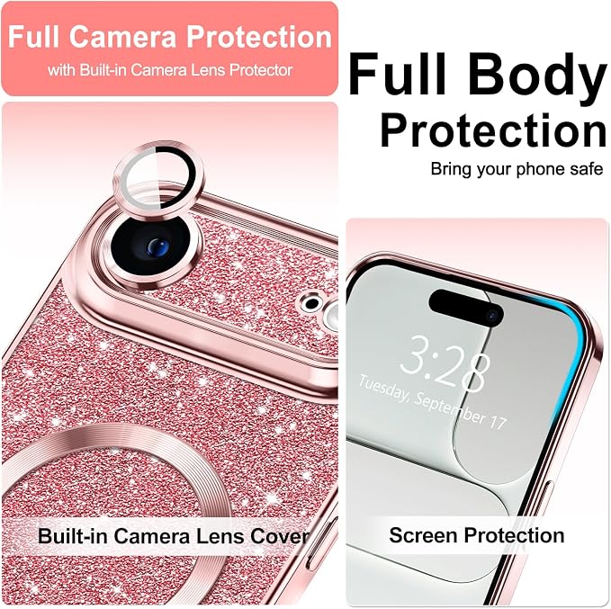 Hython for iPhone Air Case Glitter Clear Magnetic Phone Cases [Compatible with MagSafe] Full Camera Lens Protector Sparkle Luxury Plating Slim Shockproof Protective Cover Women, Pink
